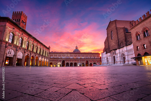 Bologna, Italy. Cityscape image of old town Bologna, Italy with Piazza Maggiore at beautiful autumn sunrise.