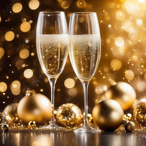 new year card with champagne, champagne and christmas balls on a blurred background. new year card with champagne, champagne and christmas balls on a blurred background. new year and celebration backg