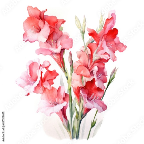 watercolor gladiolus flowers illustration on a white background. photo