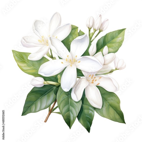 watercolor jasmine flowers illustration on a white background. © dashtik