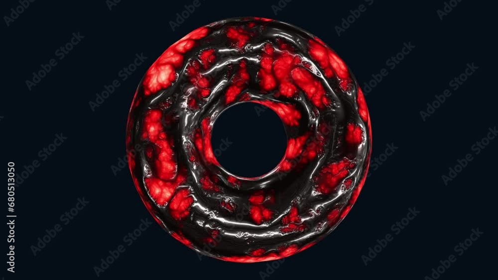 This image portrays a sleek and shiny donut in vibrant red and black hues. The donut's glossy, metallic surface adds an eye-catching touch to this enticing treat This image portrays a sleek and shiny donut in vibrant red and black hues. The donut's glossy, metallic surface adds an eye-catching touch to this enticing treat