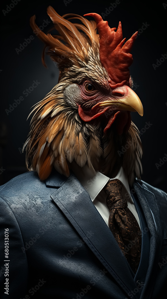 Rooster dressed in an elegant and modern suit with a nice tie. Fashion portrait of an anthropomorphic animal, shooted in a charismatic human attitude.