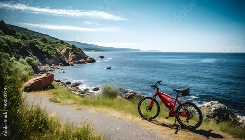 A solitary bicycle parked on a scenic trail, showcasing the midway point of a cycling journey generated ai