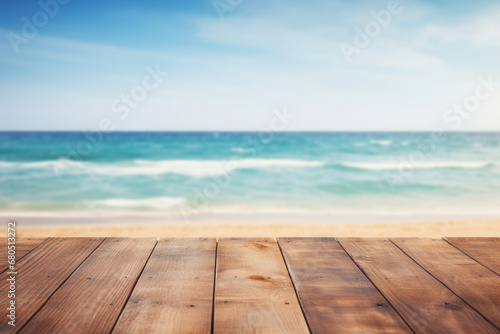 Wood table top or terrace with wooden planks on blue sea water view, summer sky background