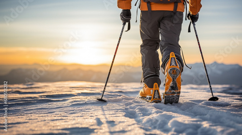 Wide horizontal closeup banner photograph of Skier with a back pack walking on snow sunny day in winter season 