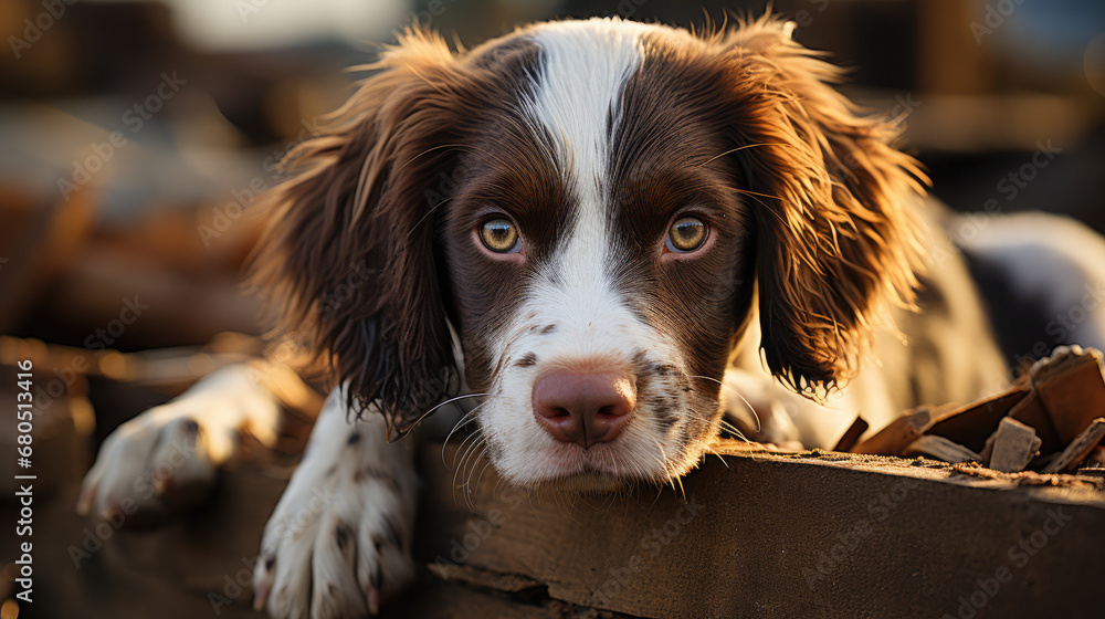 A white and brown English Springer Spaniel dog sitting on some wood, in the style of soft-focus portrait - Generative AI