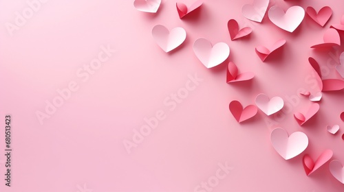 Paper cut hearts flying on pink background. Concept of design for Valentinea??s Day, Mothera??s Day and Womena??s Day.