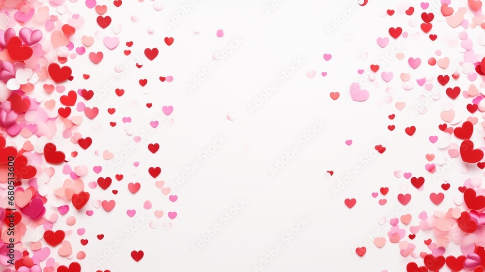 Playful confetti in various shades of pink and red adorning a beautifully crafted Happy Valentine's Day card with a white background.