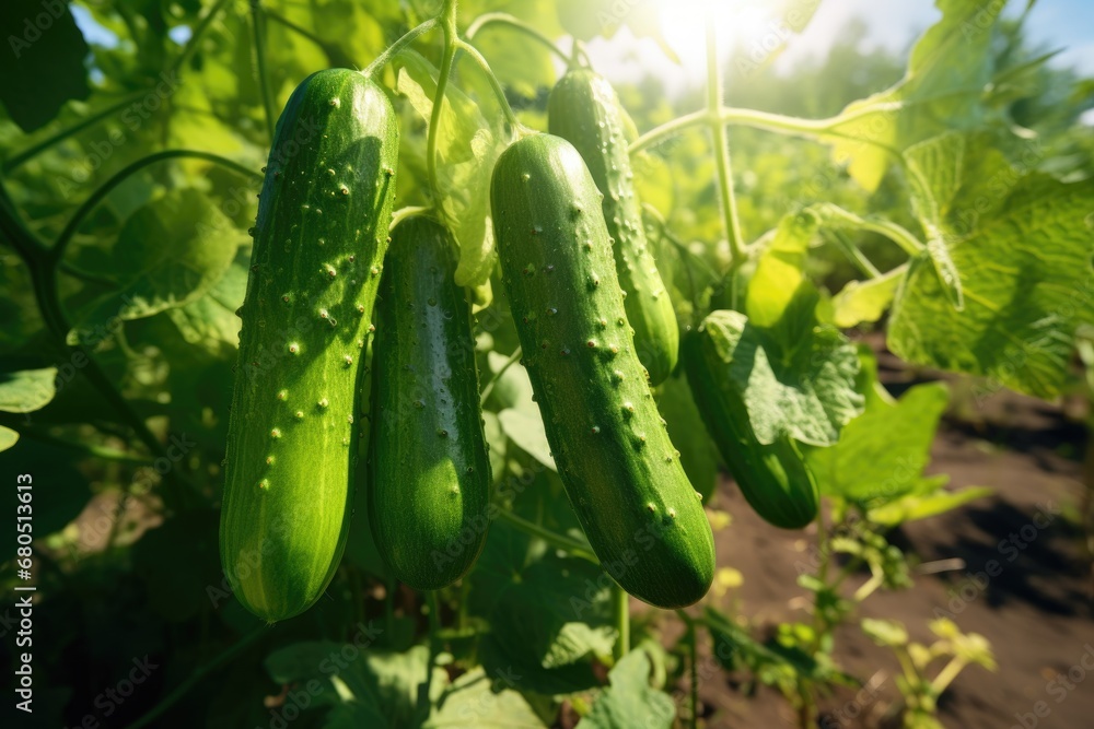 Green cucumber grow in the vegetable garden in sunny day. Green cucumber grow in the vegetable garden in sunny day.