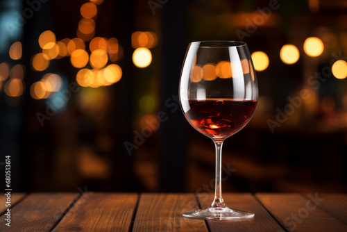 A glass of wine on wooden board or table on blur bokeh background