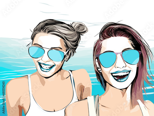 A Couple Of Women Wearing Sunglasses - Smiling friends in sunglasses on summer beach