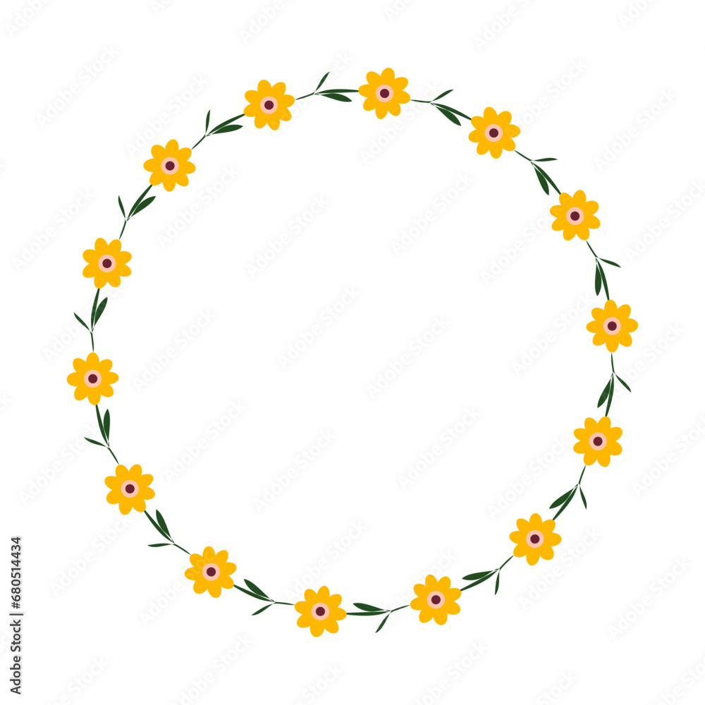 Floral frame. Yellow flowers border vector illustration. Hand drawn cute wreath. Color Natural border.