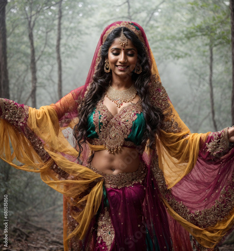 Indian woman in colorful traditional clothes with silks and veils  smiling while dancing in a foggy forest. Belly dancing  bollywood concept.