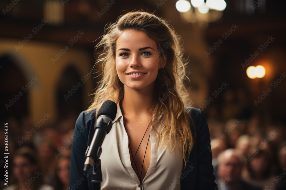 Female speaker at conference holding microphone
