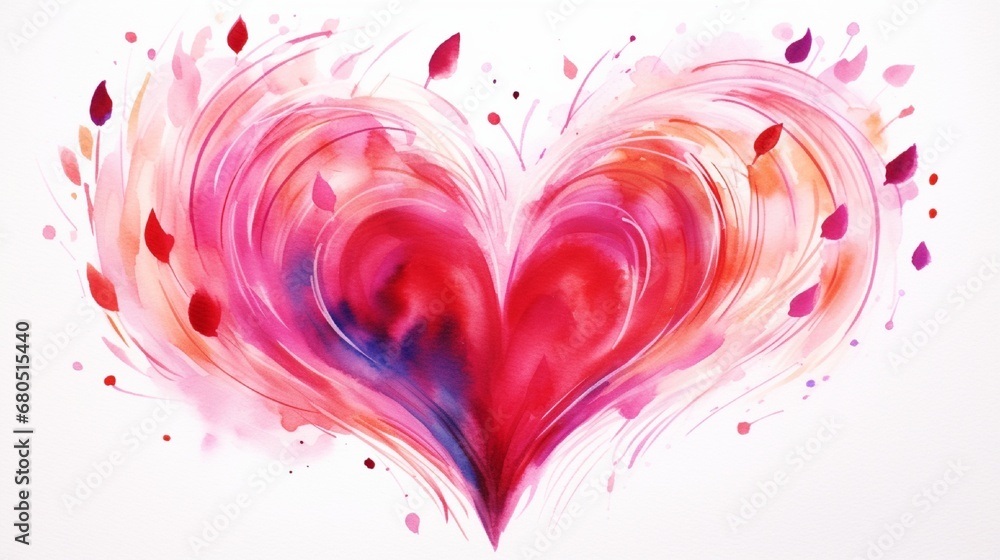 Whimsical watercolor strokes forming an abstract representation of love on a charming Valentine's Day card against a clean, white surface. - obrazy, fototapety, plakaty 