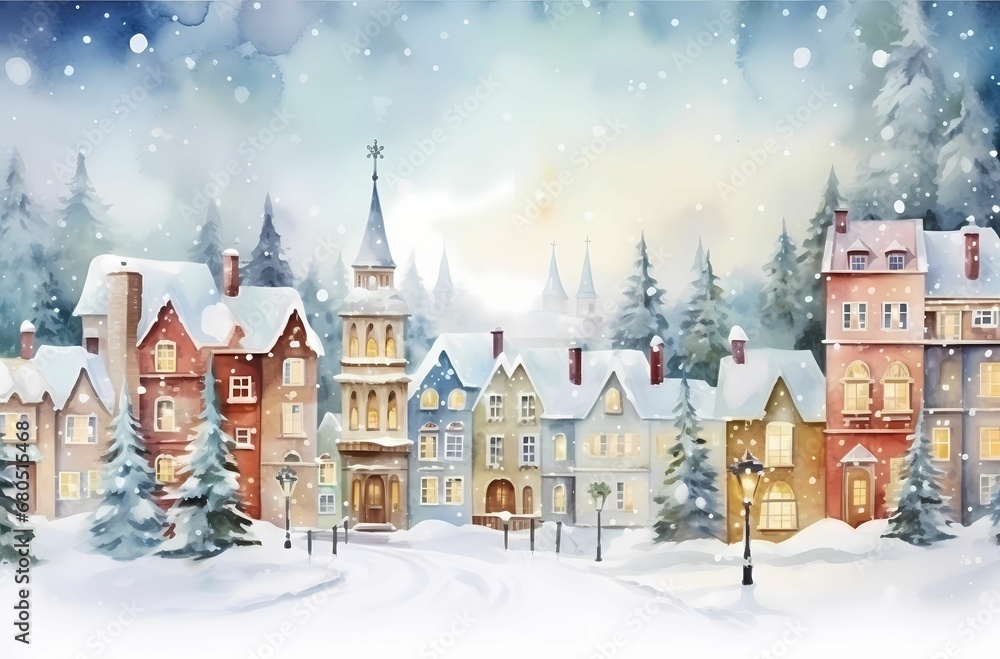 Fototapeta premium Christmas city landscape background, winter illustration