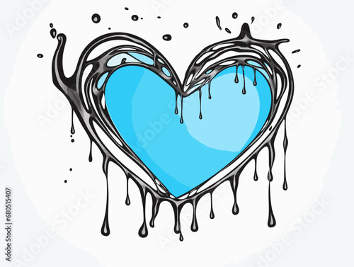 A Blue Heart With Black Liquid Flowing Out Of It - Water-drop shaped as a figuratively heart