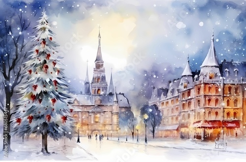 Christmas city landscape background, winter illustration
