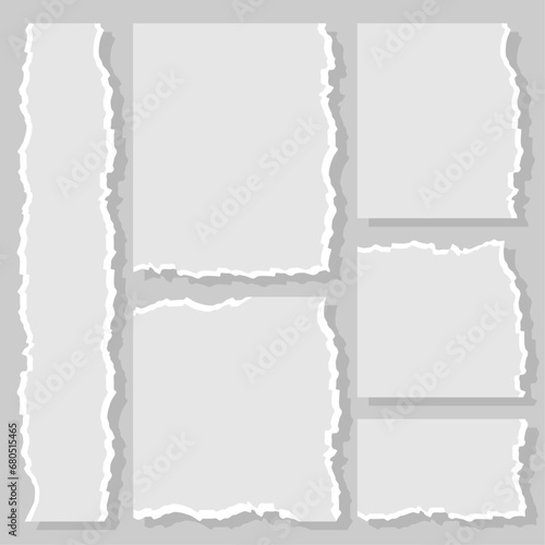 Blank torn paper pages to leave note, memo, reminder or notification for office colleagues. Vector design of set of empty disrupted sheets with textured edge for text or little message. photo