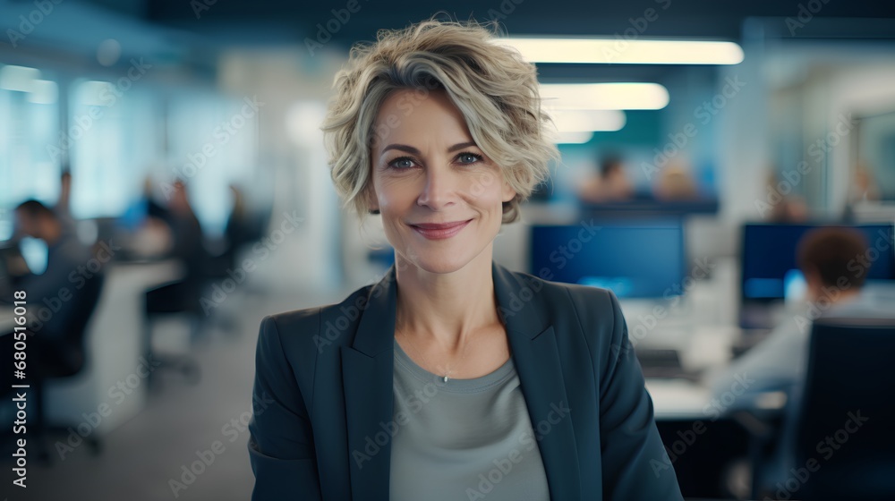 Midaged woman exudes confidence in a modern corporate business office setting, challenging workplace ageism with her successful career presence. Midaged woman exudes confidence in a modern corporate business office setting, challenging workplace ageism with her successful career presence.