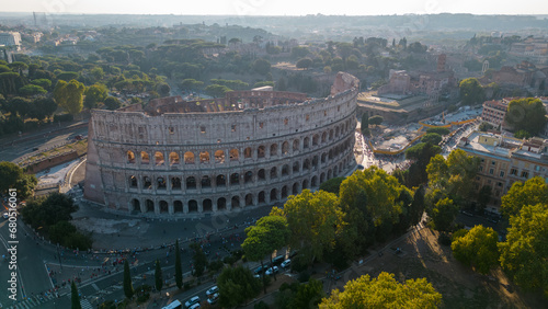 Aerial photography of the Roman Coliseum in the city of Rome in Italy. Travel in Europe. Travel agency. photo