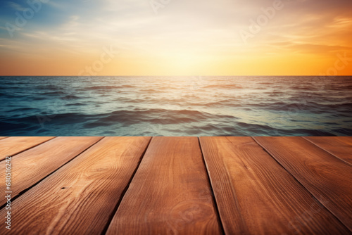 Wood table top or terrace with wooden planks on blue sea water view, summer sky background © hdesert