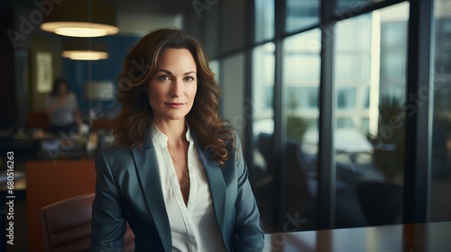 A confident middleaged woman stands in a modern corporate business office, exuding leadership and success. She represents empowerment amidst ageism and sexism in the workplace.