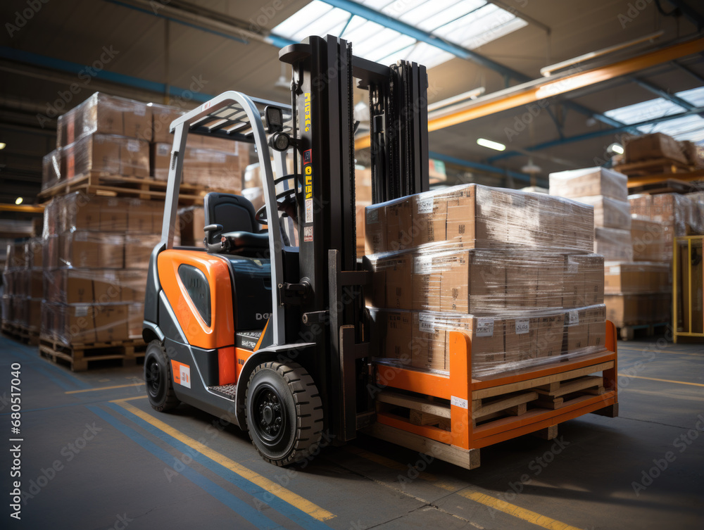 Watch as product pallets are lifted by a forklift in a spacious warehouse.