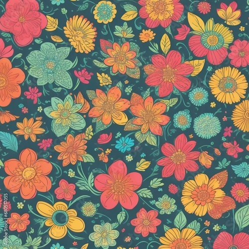 Wallpaper Mural Hand-drawn Seamless Coloring Floral pattern Background Design.Retro Vintage Flower  Elegant Isolated Motif Texture Wallpaper Illustration.Beautiful Decoration Textile Ornate Element Vector Art. Torontodigital.ca