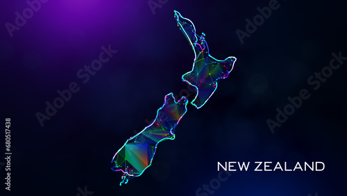 Futuristic Sweet New Zealand Map Polygonal Blue Purple Colorful Connected Lines Dots And Facet Wireframe Network With Text On Hazy Flare Bokeh Background