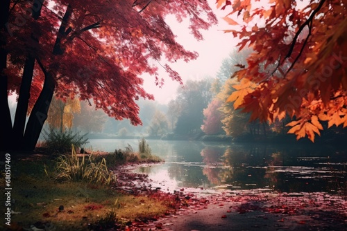 Landscape with lake and orange autumn tree. Atmospheric mood