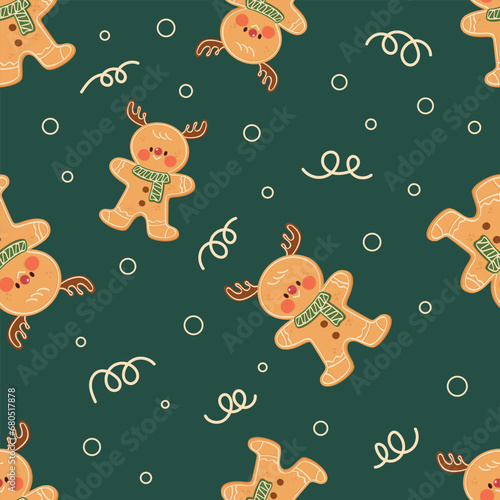 Seamless pattern gingerbread character christmas reindeer and abstract line. Merry X mas and happy new year background, wallpaper, wrapping paper, textile design, printable