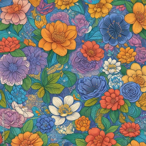 Hand-drawn Seamless Coloring Floral pattern Background Design.Retro Vintage Flower Elegant Isolated Motif Texture Wallpaper Illustration.Beautiful Decoration Textile Ornate Element Vector Art.