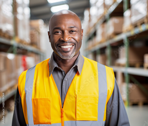 Smiling African American warehouse worker in a goods storage warehouse