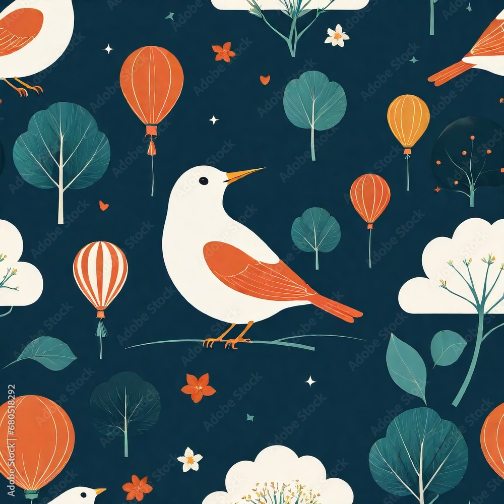 seamless pattern with cute bird and balloons. vector background seamless pattern with cute bird and balloons. vector background watercolor bird, hand drawn pattern