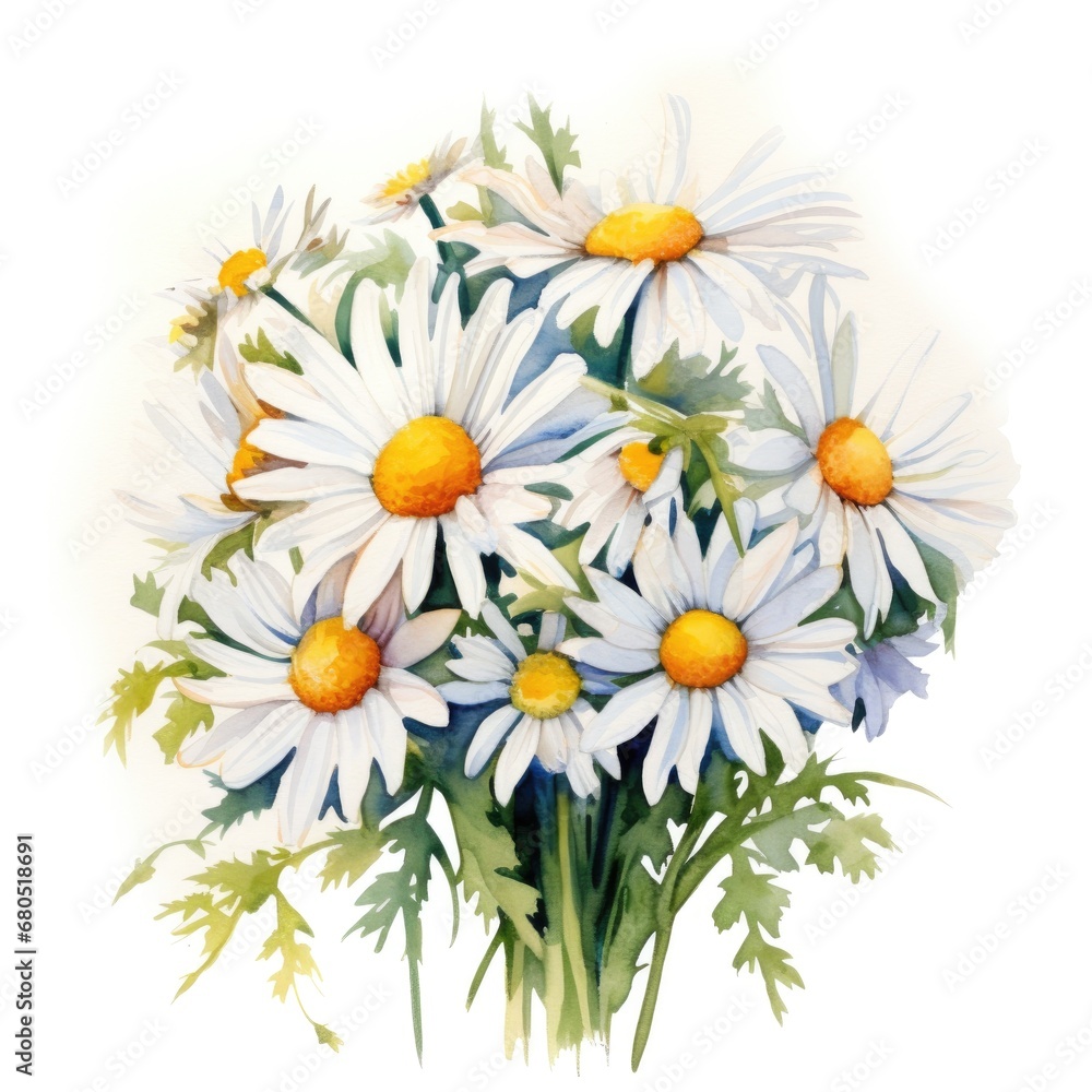 Fototapeta premium Bouquet of watercolor daisy flowers. Many chamomiles with leaves