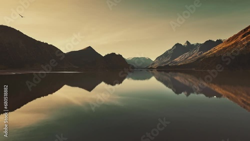 Aerial shot of bird flying above the lake photo