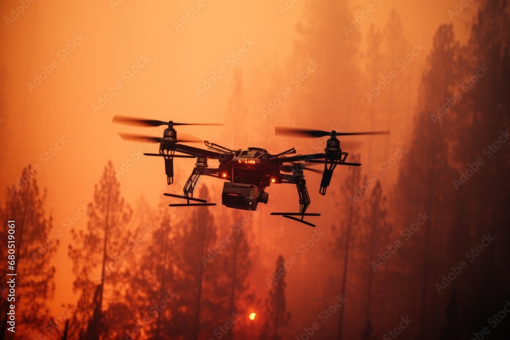 Air firefighting with drone of wildfire in forest. Air firefighting with drone of wildfire in forest.