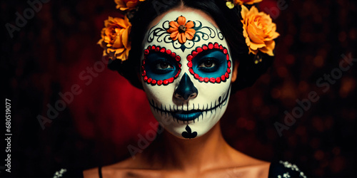Portrait of a woman with day of the dead make-up and flowers on her head on red background.