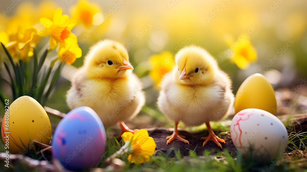 Easter background with yellow chickens and easter eggs on green grass. Happy Easter concept.