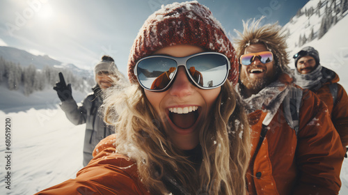 Group of happy friends having fun on the snow in the mountains.