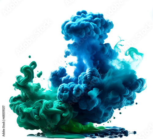 Ethereal Dance of Blue and Green Paint Splashes with Enigmatic Smoke on Transparent Canvas PNG file - Generative AI
