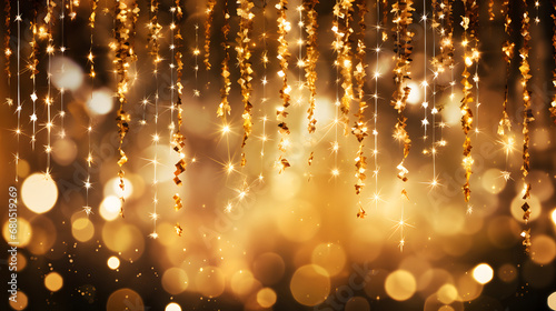 Abstract gold bokeh background. Christmas and New Year concept. Golden christmas lights and sparkles on bokeh background.