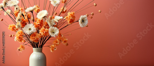Minimalistic light background with a bouquet of dried colorful flowers on a light red wall. Beautiful background for presentation with with smooth floor.,