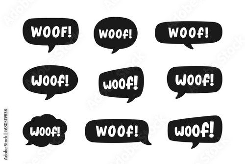 Woof text in a speech bubble balloon silhouette set. Cute cartoon comics dog bark sound effect and lettering. Vector illustration.