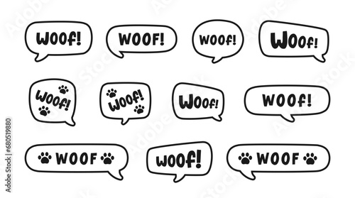 Woof text in a speech bubble balloon outline doodle set. Cute cartoon comics dog bark sound effect and lettering. Vector illustration.
