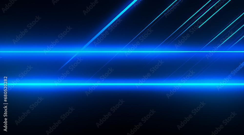 Blue horizontal and diagonal neon lights cast a bright glow in a sleek, dark environment. Modern abstract background Blue horizontal and diagonal neon lights cast a bright glow in a sleek, dark environment. Modern abstract background