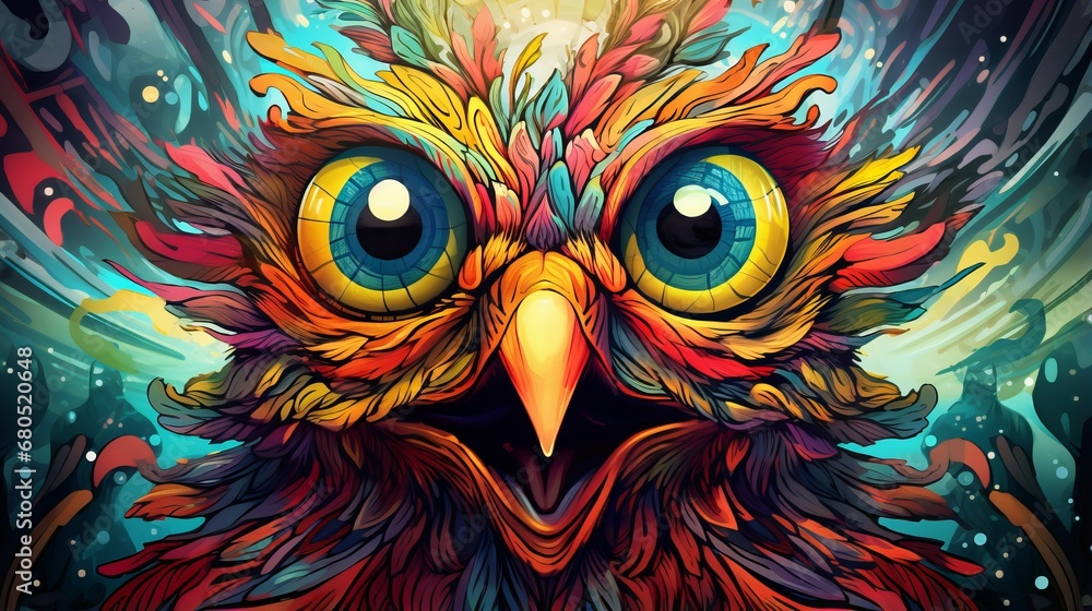 Vivid psychedelic bird face with saturated multicolored feathers and large expressive eyes, captivating diversity and colorful beauty of natural world, diversity of birds families and species Vivid psychedelic bird face with saturated multicolored feathers and large expressive eyes, captivating diversity and colorful beauty of natural world, diversity of birds families and species