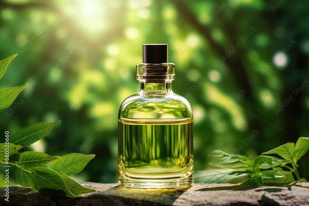 Glass cosmetic bottle in summer forest with leaves background Glass cosmetic bottle in summer forest with leaves background
