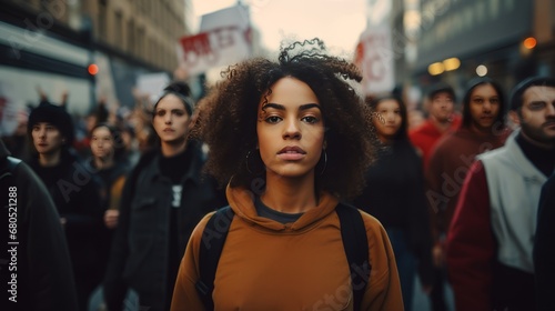 Black woman protest with a group of people